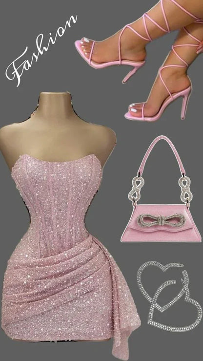 Cute Pink Shiny Sequin Strapless Bodycon Short Party Dress Cocktail Dress Homecoming Dress HZ1024