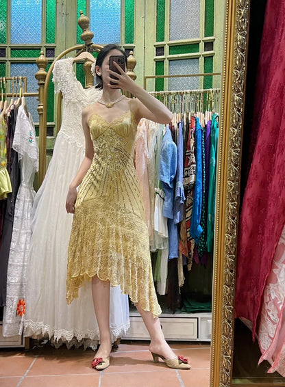 Retro Yellow Irregular Deep V Halter Lace Satin Prom Dress Evening Dress cc5297