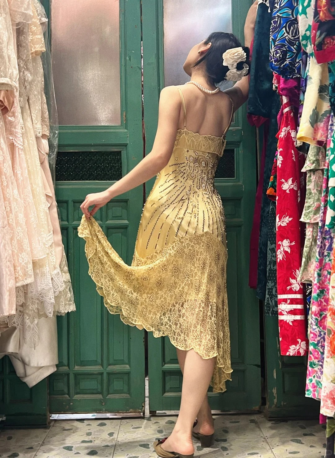 Retro Yellow Irregular Deep V Halter Lace Satin Prom Dress Evening Dress cc5297