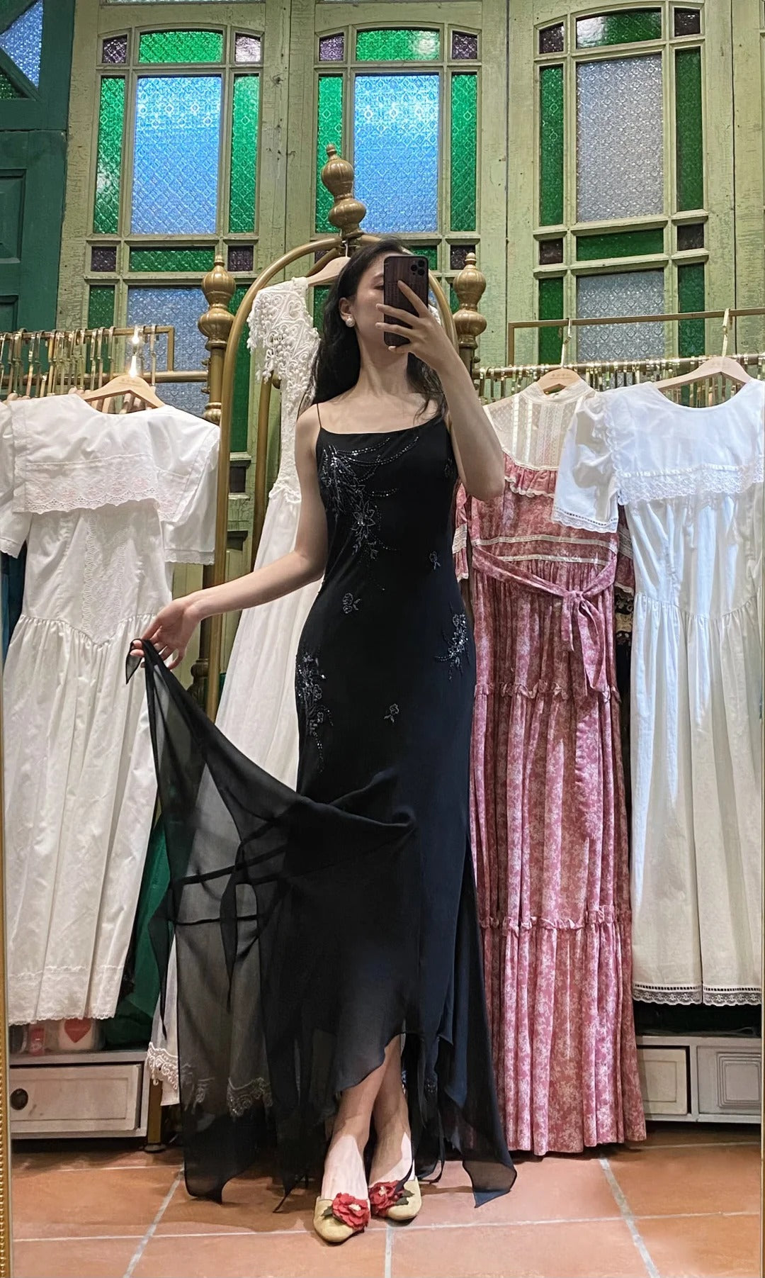 Elegant Black Irregular Strap Beaded Chiffon Long Prom Dress Evening Dress cc5298