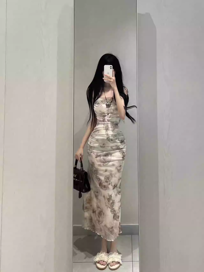 New Fashion Rose Floral Design A-line Sleeveless Spaghetti Strap Dress HZ1024