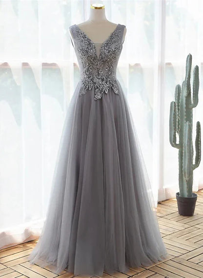 Grey A-line Tulle with Lace Long Formal Dress V-neckline Prom Dress Sleeveless december wedding guest dress