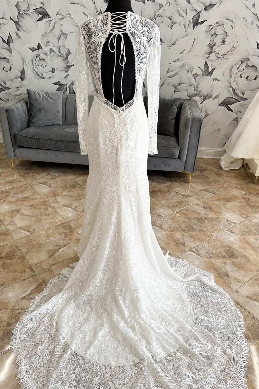 White Lace V-Neck Lace-Up Back Long Sleeve Mermaid Wedding Dress