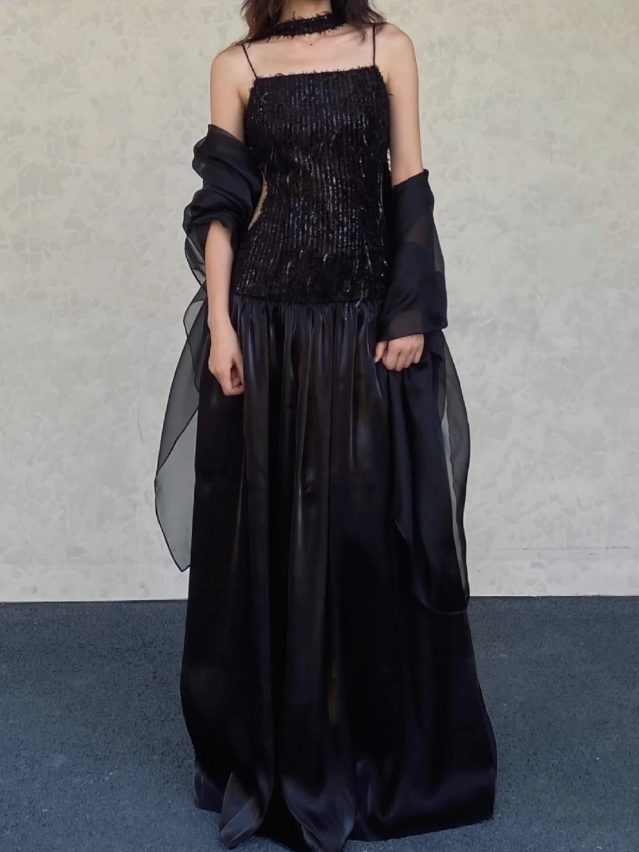 Elegant Black A-line Square Neck Spaghetti Strap Sequined Tulle Long Prom Dress Evening Dress cc5299