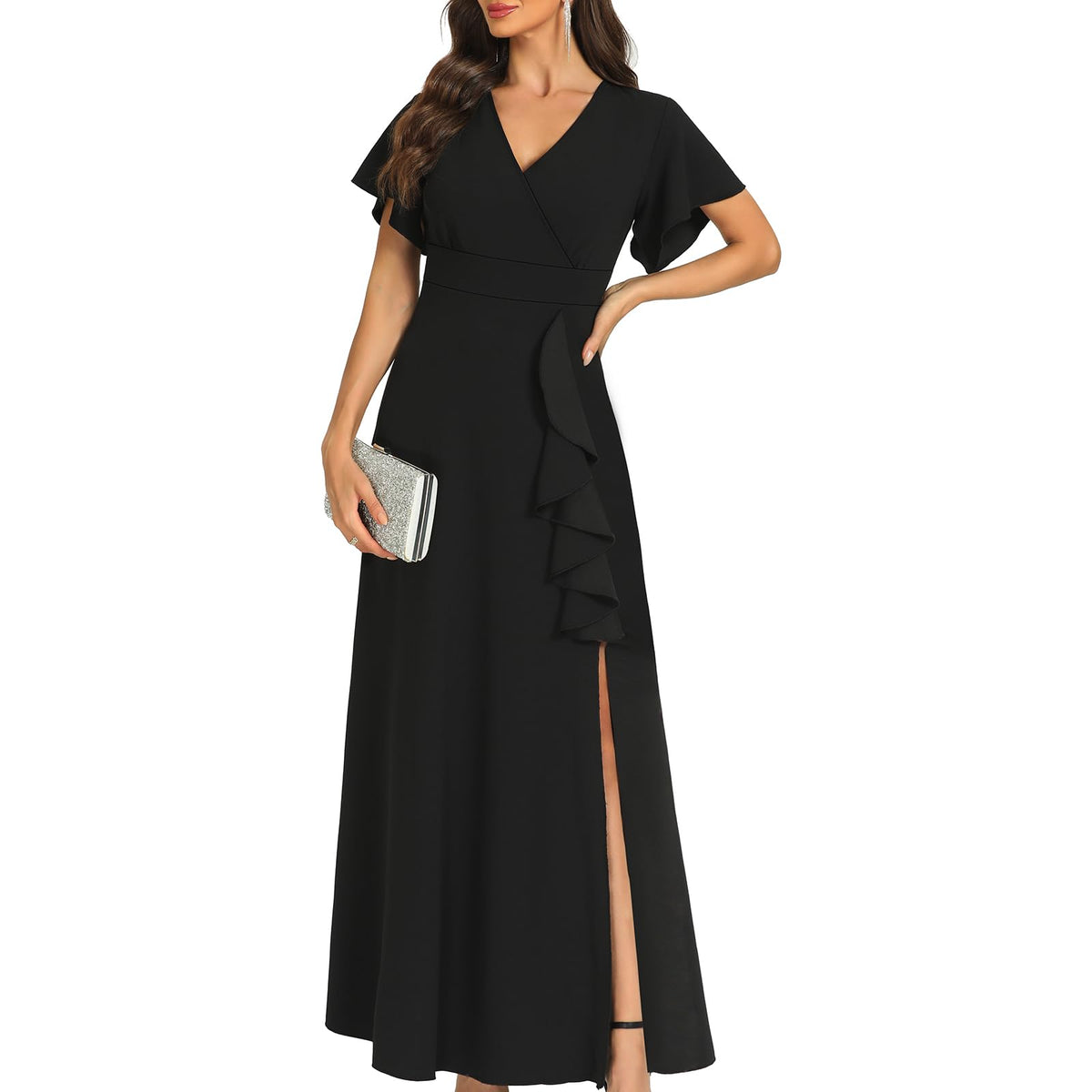 A-line Elegant V Neck Ruffle Split formal dresses Bridesmaid Dresses evening gown Prom Dress