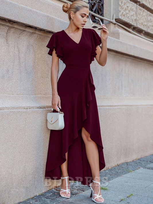 A-line V Neck Ruffle Split formal dresses Bridesmaid Dresses evening gown Prom Dress