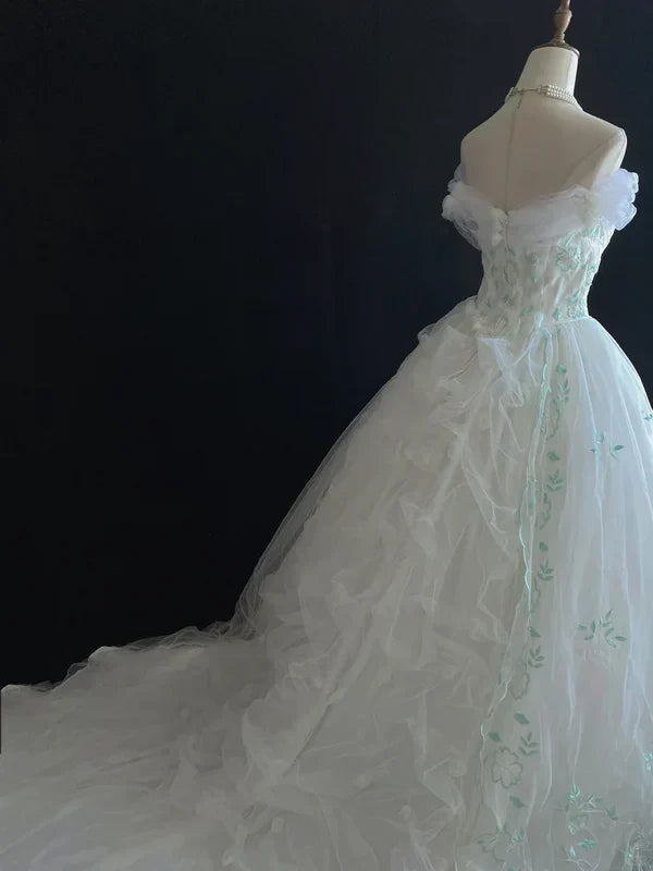 Retro Embroidery Off-the-shoulder Chiffon Tulle Sweet 16 Quinceanera A-Line Evening Dress Ball Gown HZ1024