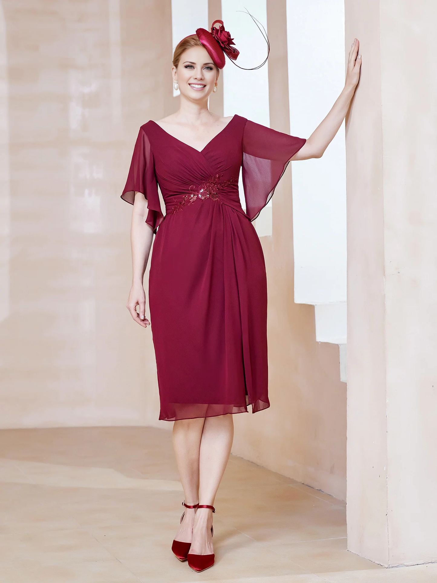 Floating sleeve V-neck sequin decal decoration for mother of the bride dress