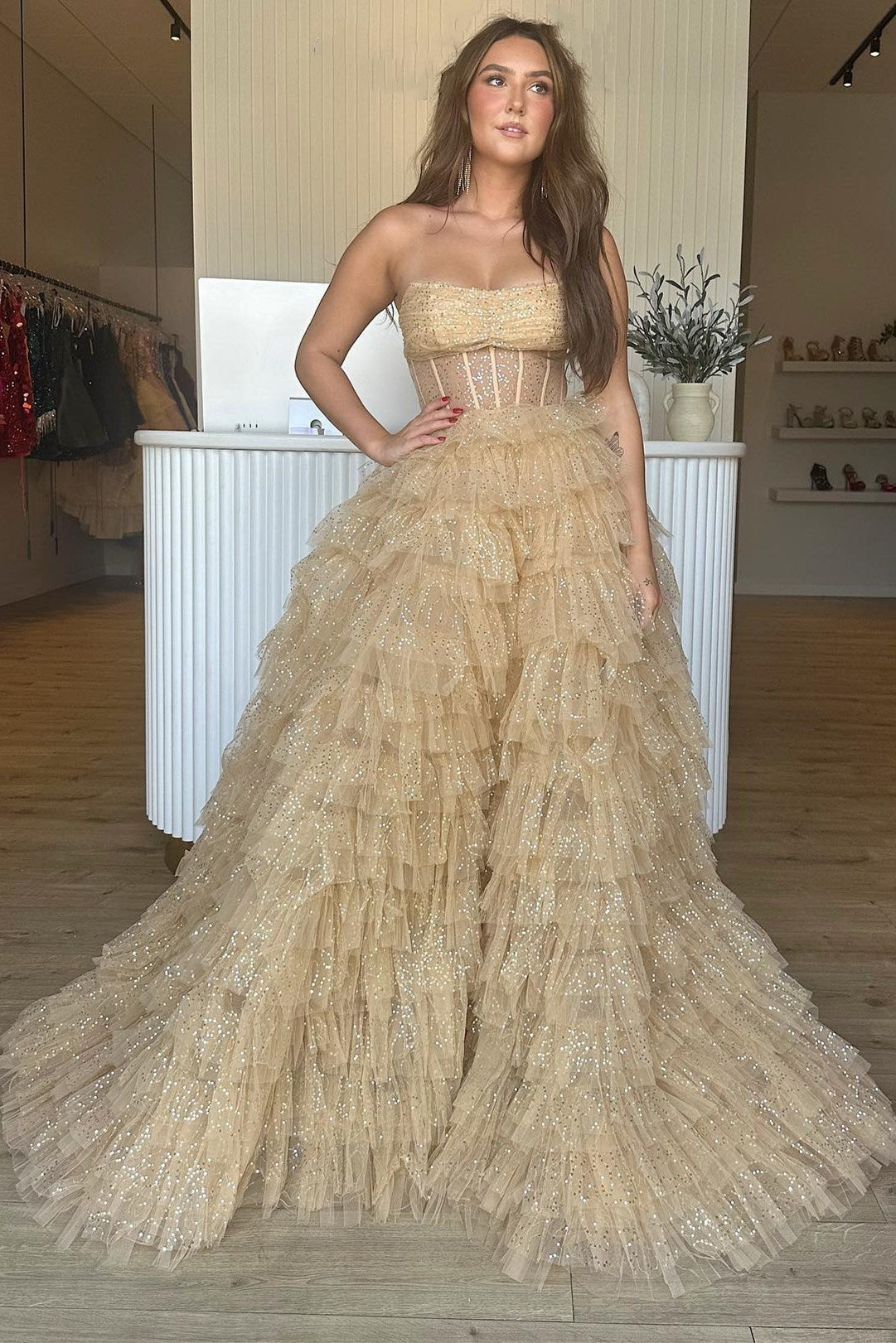 Pink Strapless Tulle Sequin A-Line Prom Gown