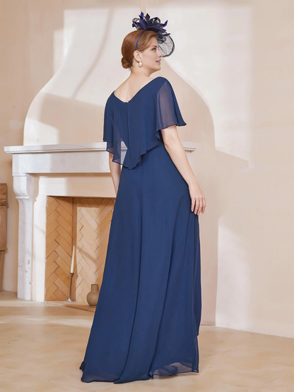 V-neck ruffle sleeves asymmetrical mother of the bride dress