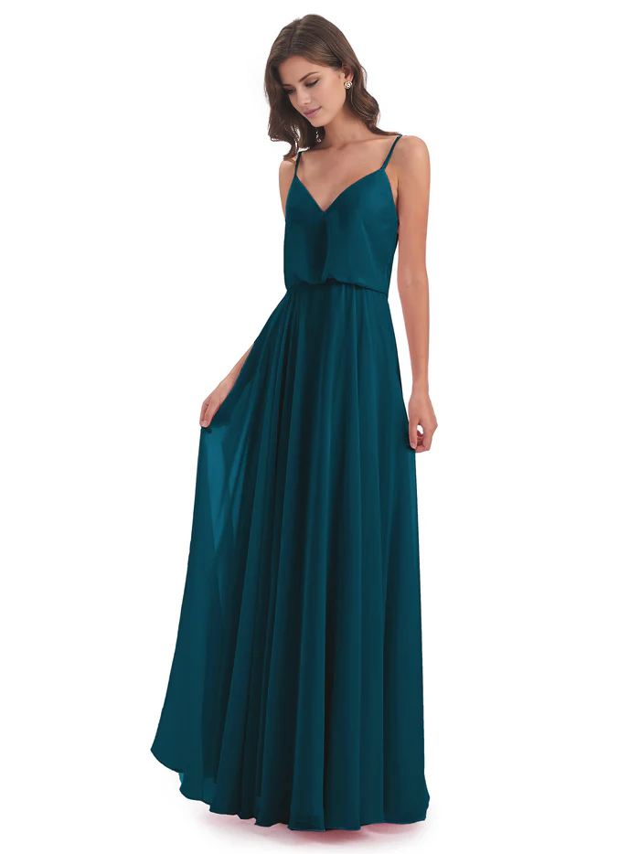 Simple slim shoulder chiffon and floor length bridesmaid dress