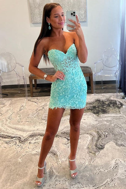 Aqua Blue Appliques Sheer Corset Cocktail Dress