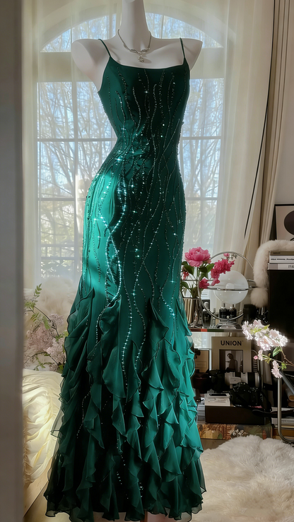 Designers Beaded Prom Dress Long Cascade Ruffled Evening Gown