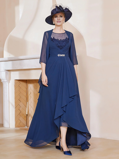 Illusionary collar ruffled dress paired with jacket mother of the bride dress