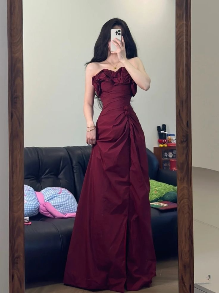Elegant Burgundy Strapless A-Line Long Party Dresses Birthday Outfits, HZ0319