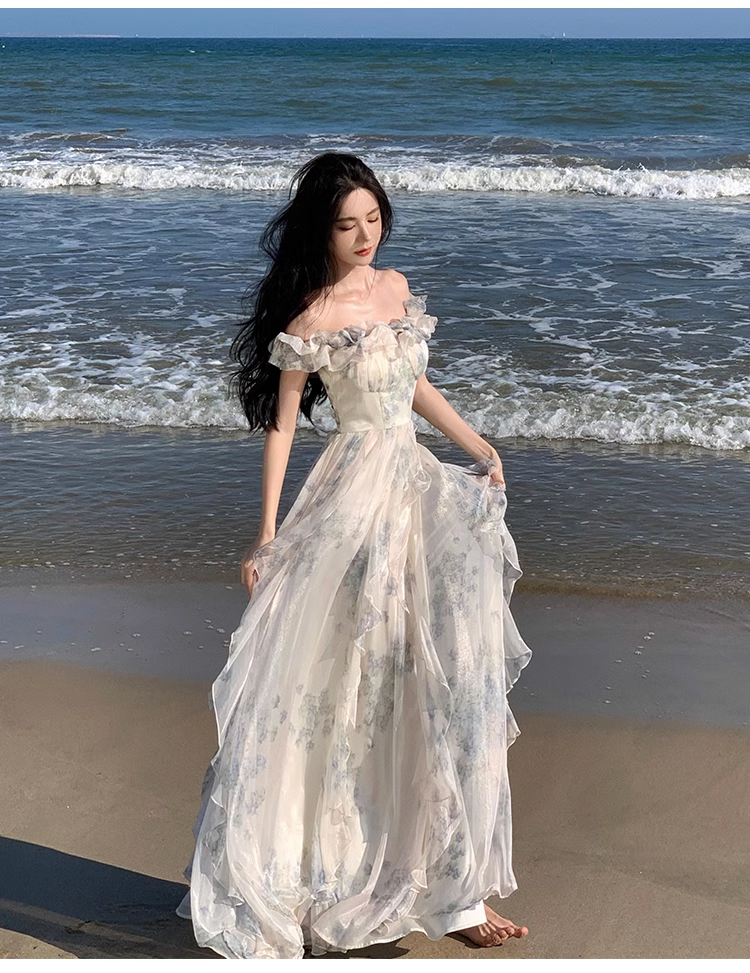 New Fashion Women Floral Falbala Design A-Line Beach Holiday Spaghetti Strap Dress HZ1024