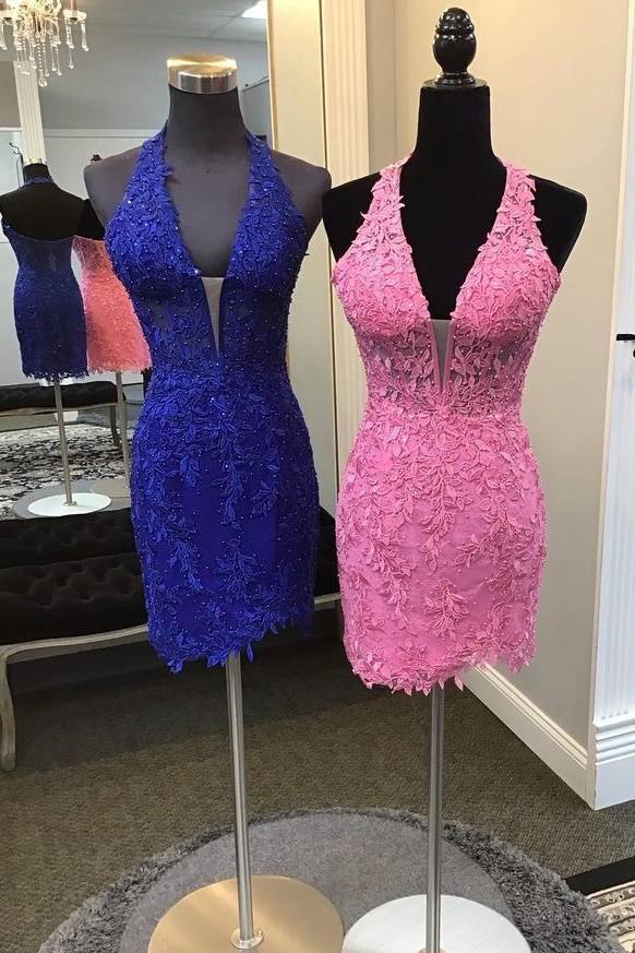 Pink Halter V-Neck Applique Rhinestone Tight Homecoming Dress