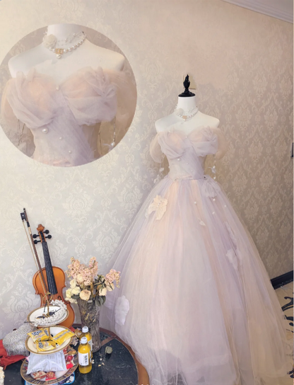 Dreamy Light Pink Off-shoulder Tulle Floor-Length Ball Gown Evening Dress cc5304