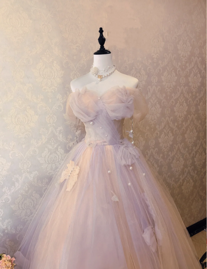 Dreamy Light Pink Off-shoulder Tulle Floor-Length Ball Gown Evening Dress cc5304