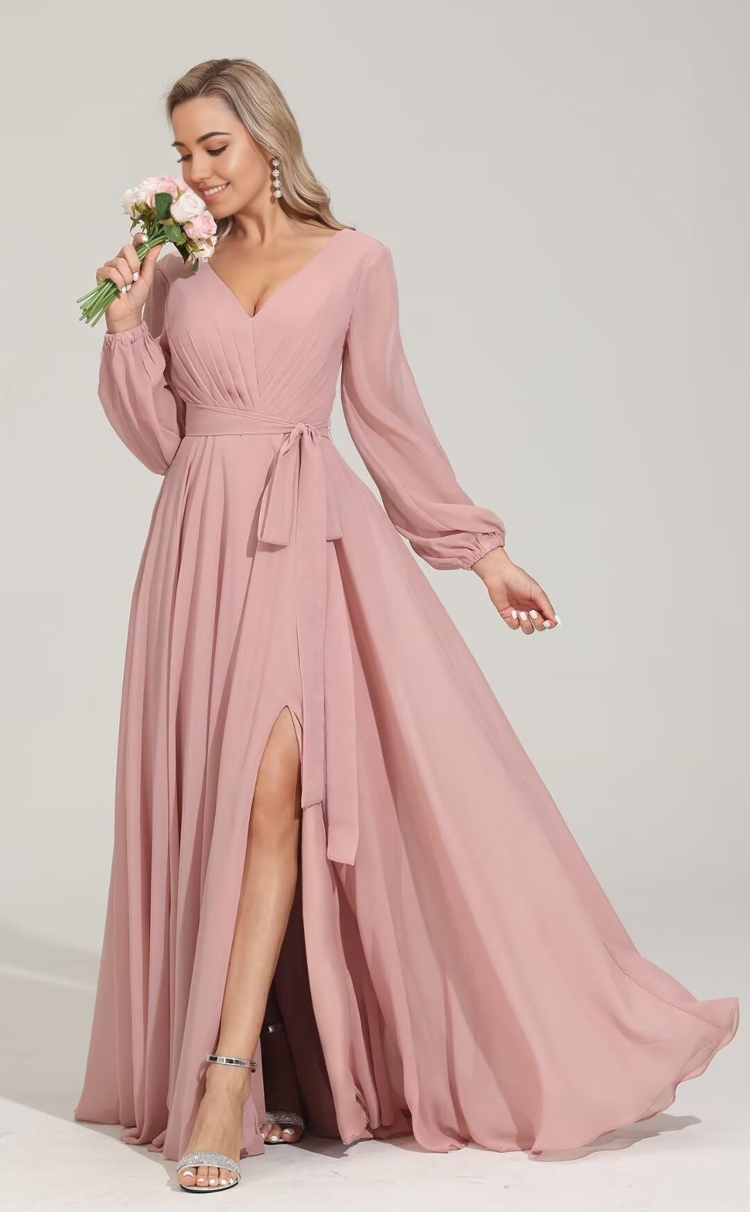 A-line V Neckes Long Sleeve Chiffon formal dresses Bridesmaid Dresses evening gown Prom Dress