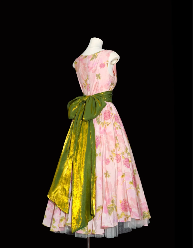 Retro Pink Floral Print A-line Round Neck Bow Waist-Cinching Long Prom Dress cc5306
