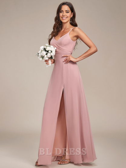 A-line V Neck Spaghetti Strap Chiffon Split formal dresses Bridesmaid Dresses evening gown Prom Dress