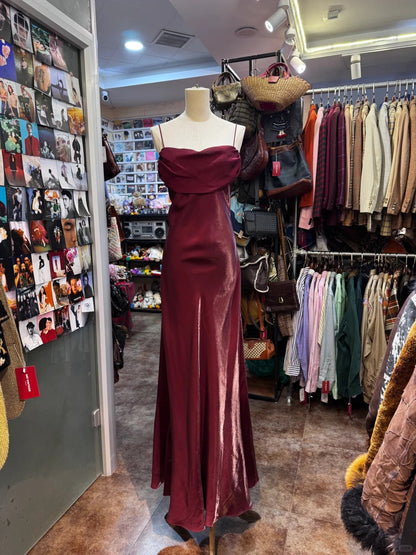 Vintage Burgundy Spaghetti Strap Halter Neck Satin Long Prom Dress Evening Dress cc5307
