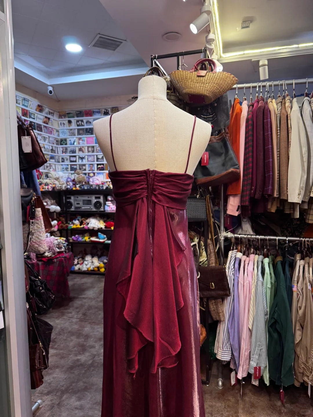 Vintage Burgundy Spaghetti Strap Halter Neck Satin Long Prom Dress Evening Dress cc5307