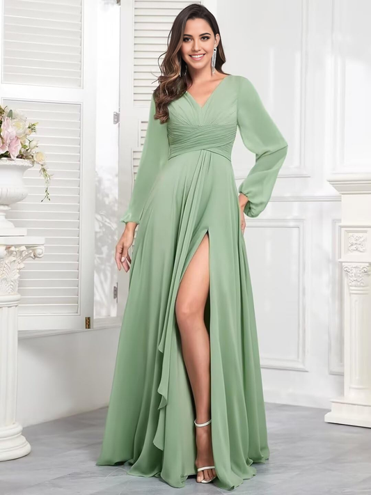 A-line V Neck Chiffon Sleeves Long Ruffle Formal formal dresses Bridesmaid Dresses evening gown Prom Dress
