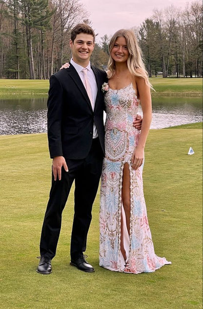 Vintage Applique Beaded Evening Gown Sheath Spaghetti Strap Party Dress High Slit Long Formal Dress HZ1024