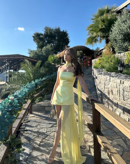 Yellow A Line Casual Prom Dresses Chiffon Wedding Guest Dress with Slit
