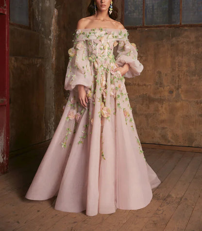 Elegant A line Off The Shoulder Long Sleeves Floral Pink Tulle Party Dress Prom Dresses Evening Dress HZ1024