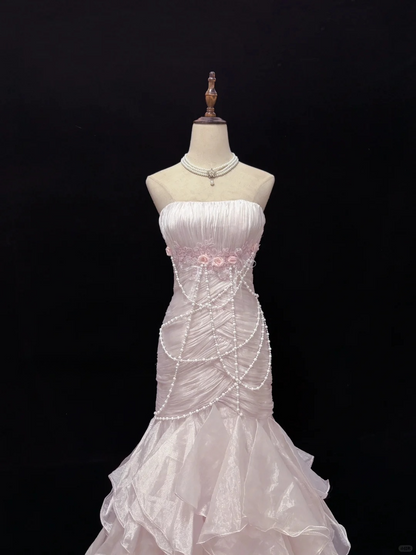 Light Pink Strapless Mermaid Chiffon Vintage Party Dresses Birthday Outfits, HZ0319