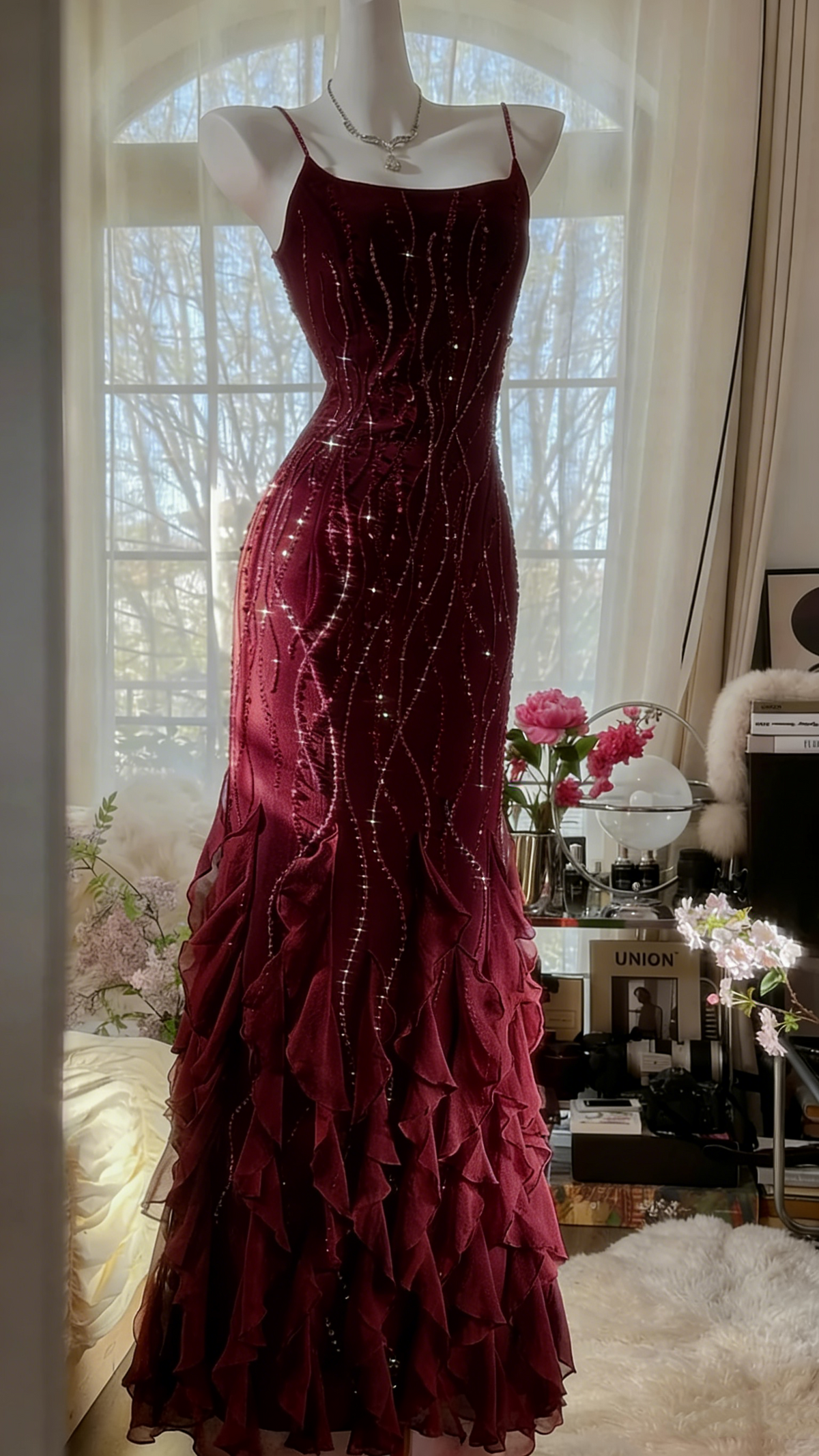 Designers Beaded Prom Dress Long Cascade Ruffled Evening Gown