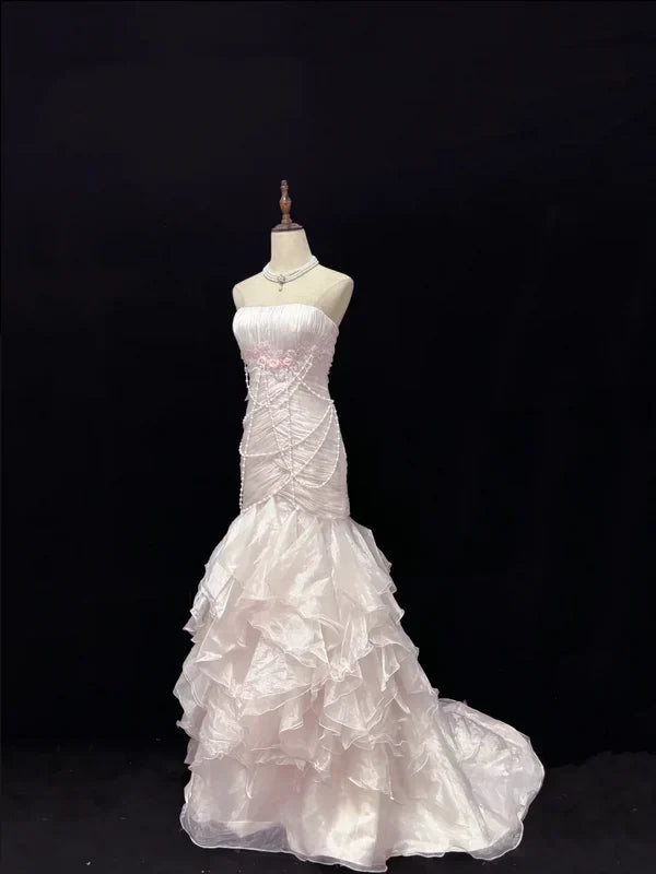Elegant Light Pink Strapless Chiffon Sweet 16 Quinceanera Mermaid Evening Dress Ball Gown HZ1024