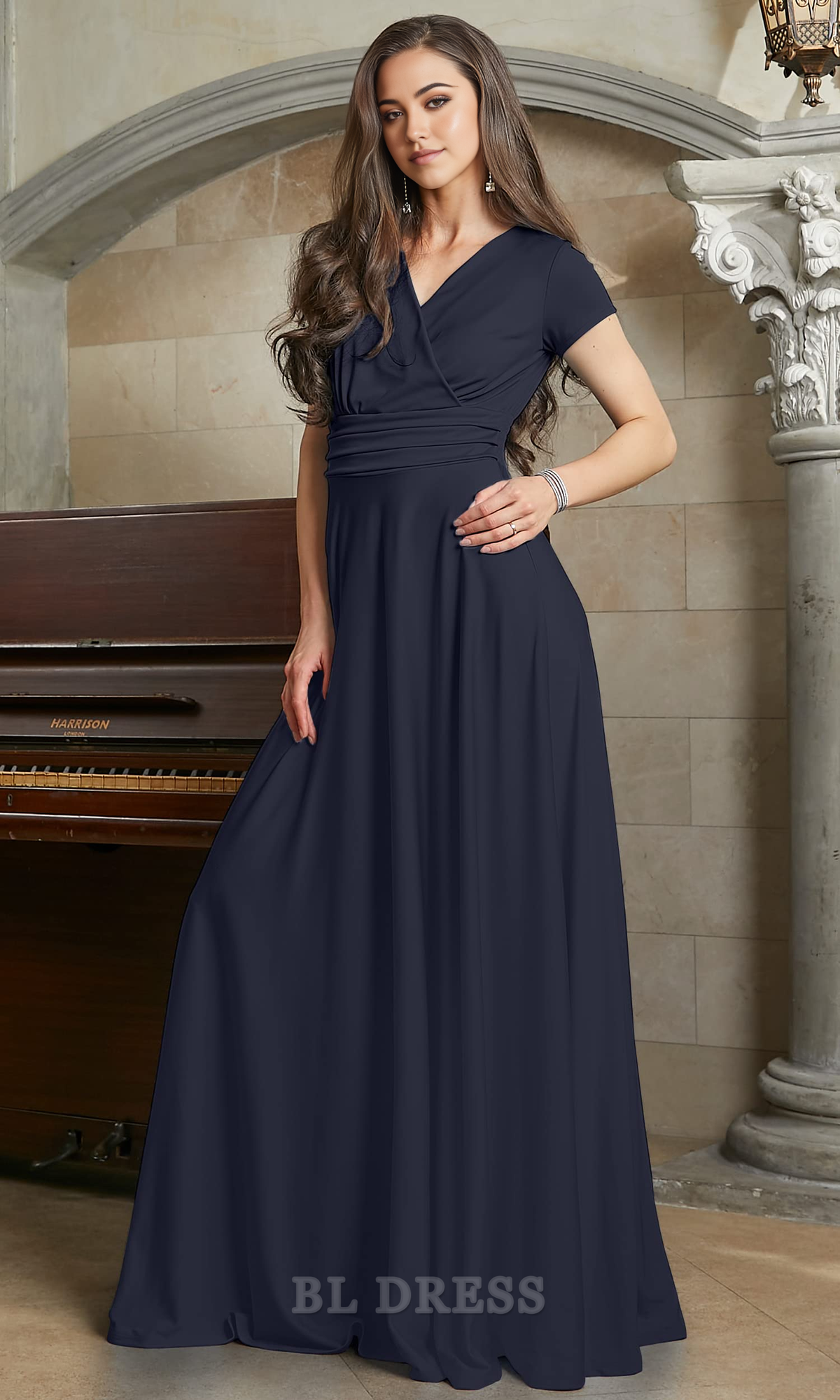 A-line V-Neck Sexy Cap Short Sleeve formal dresses evening gown Bridesmaid Dresses