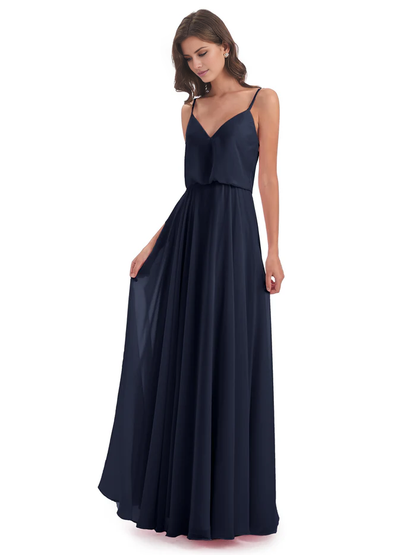 Simple slim shoulder chiffon and floor length bridesmaid dress