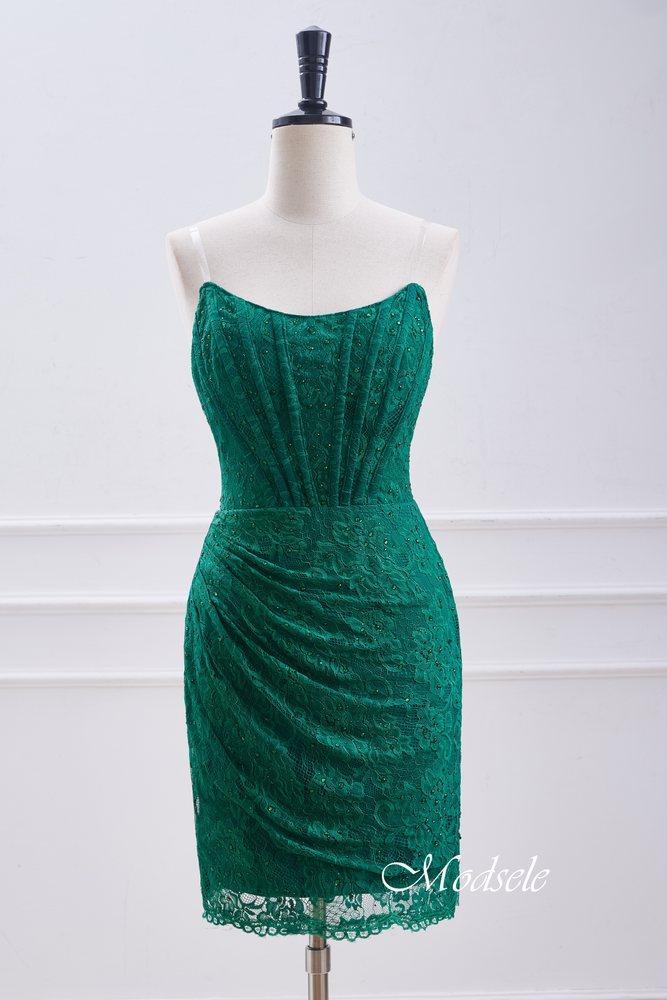 Strapless Hunter Green Lace Pleated Tight Homecoming Dress