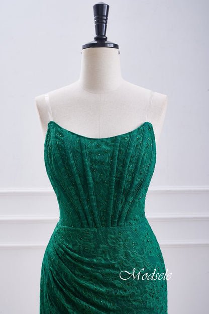 Strapless Hunter Green Lace Pleated Tight Homecoming Dress