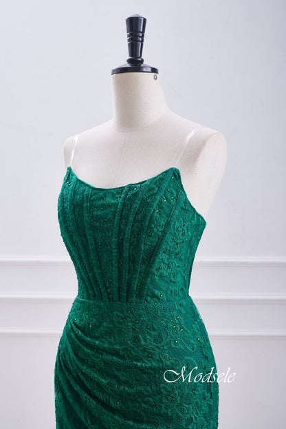 Strapless Hunter Green Lace Pleated Tight Homecoming Dress