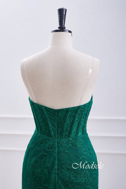 Strapless Hunter Green Lace Pleated Tight Homecoming Dress