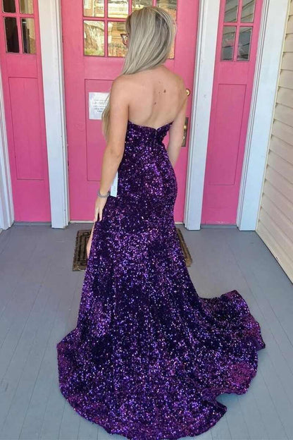 Burgundy Sequin Strapless Mermaid Long Prom Dress