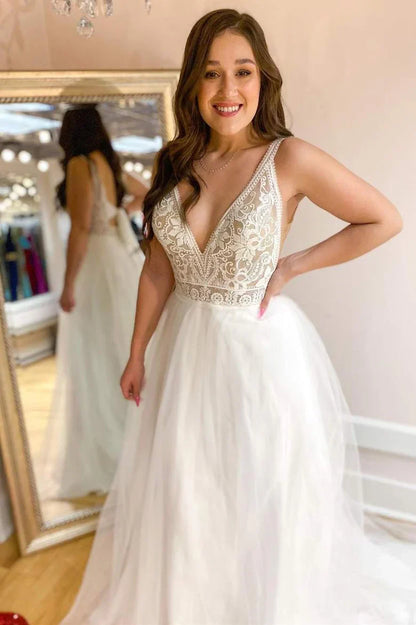 Lace V-Neck Backless A-Line Tulle Bridal Gown