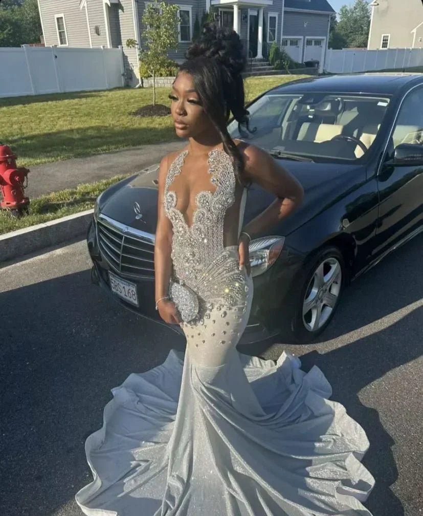 Silver Mermaid Crystal Prom Dress Long Special Occasion Dresses