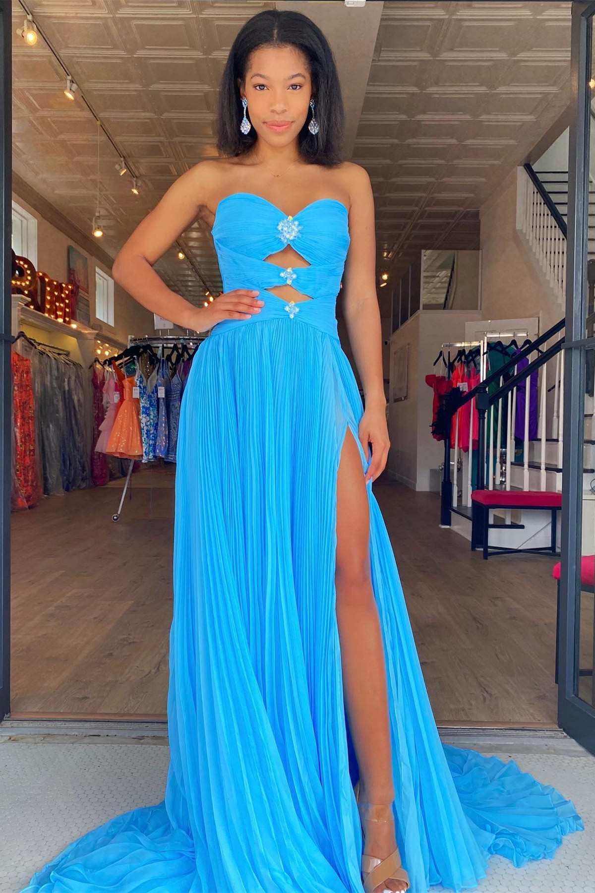 Off-Shoulder Beaded Strapless Cutout Long Prom Dress with Balloon Sleeves