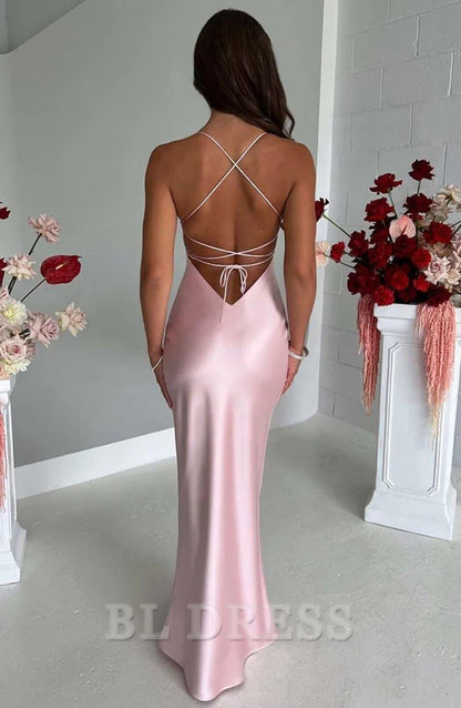 Sheath V-Neck Spaghetti Straps Slit Satin Long formal dresses Bridesmaid Dresses evening gown Prom Dress