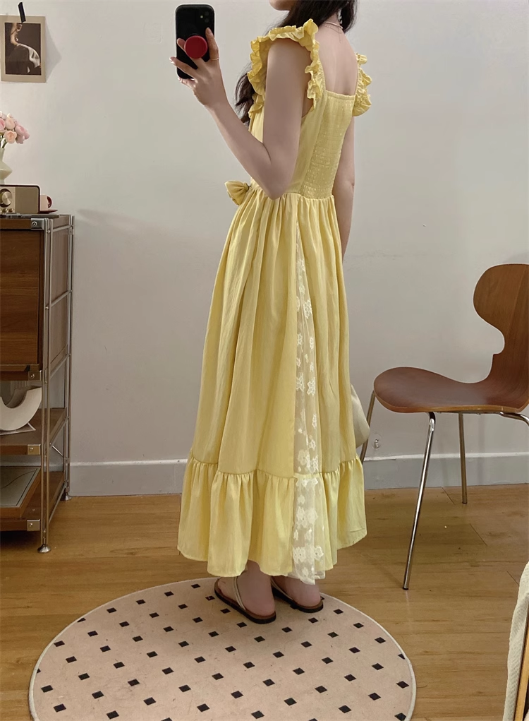 New Simple Fashion Yellow Floral Design A-Line Long Dress HZ1024