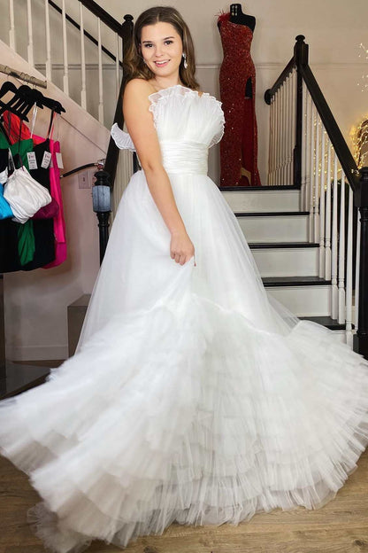 White Organza Strapless Belted A-Line Tiered Prom Dress with Ruffles