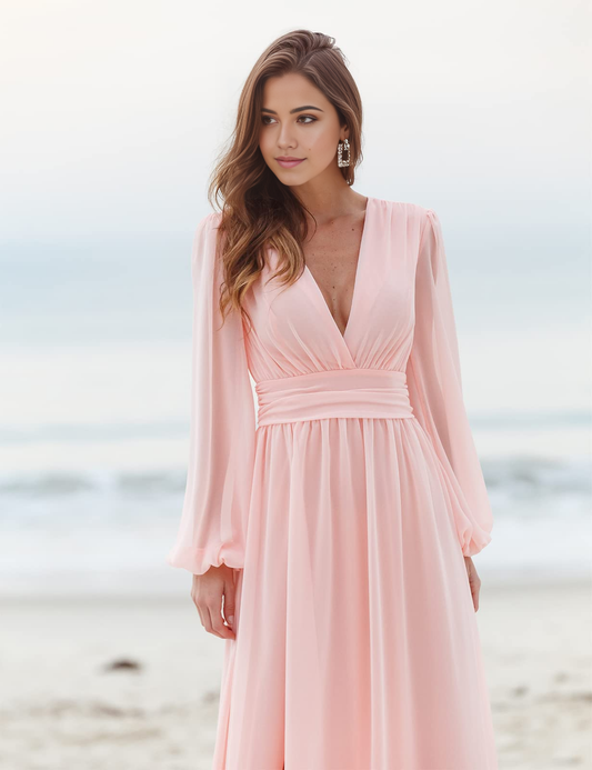 A-line V-Neck Long Sleeve Pleated formal dresses Bridesmaid Dresses evening gown Prom Dress With Slit
