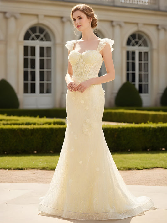 3D Floral Applique Lace Corset Mermaid Gown Daffodil